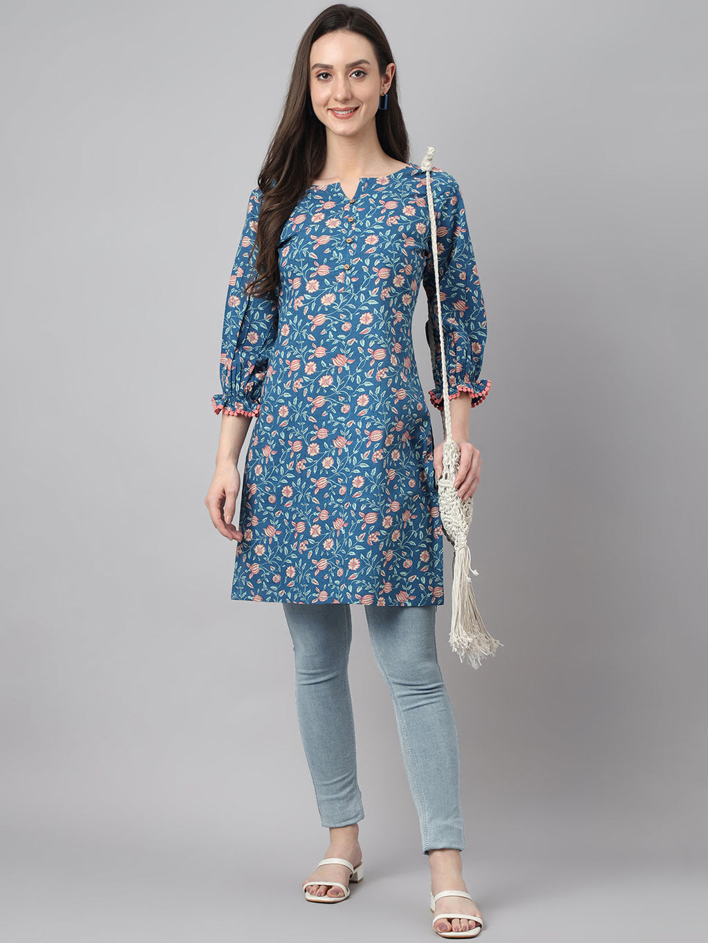 Janasya Women's Blue Cotton Floral Print Casual Regular Tunic