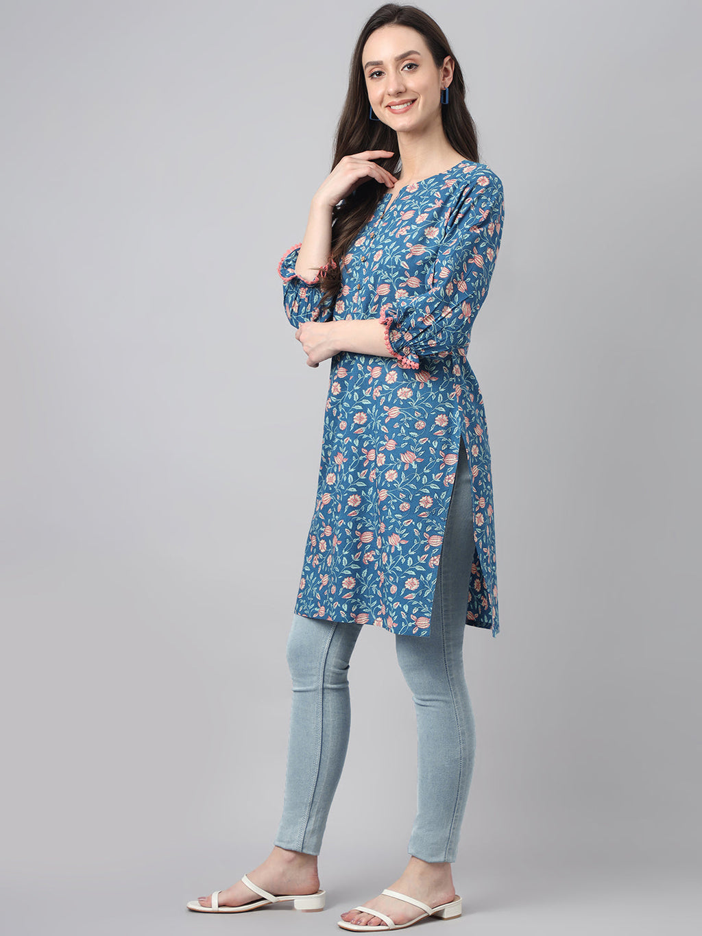 Janasya Women's Blue Cotton Floral Print Casual Regular Tunic