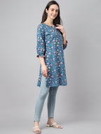 Janasya Women's Blue Cotton Floral Print Casual Regular Tunic