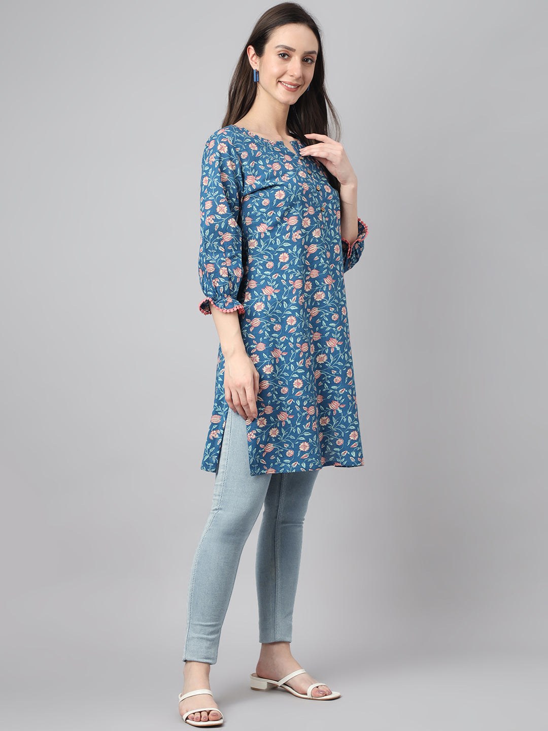 Janasya Women's Blue Cotton Floral Print Casual Regular Tunic