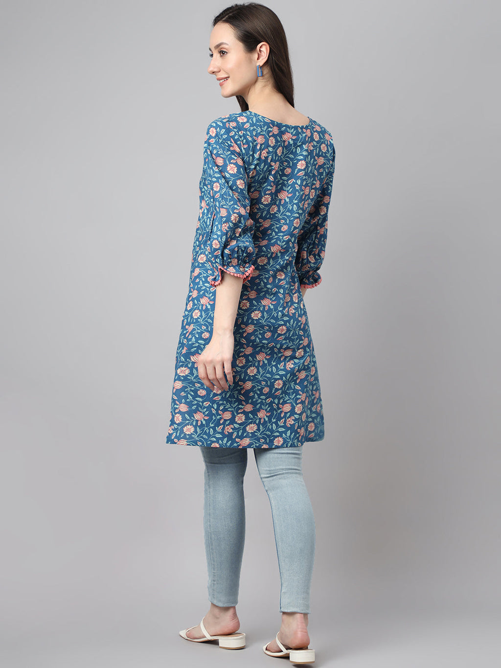 Janasya Women's Blue Cotton Floral Print Casual Regular Tunic