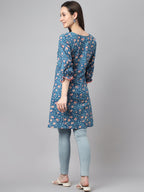 Janasya Women's Blue Cotton Floral Print Casual Regular Tunic