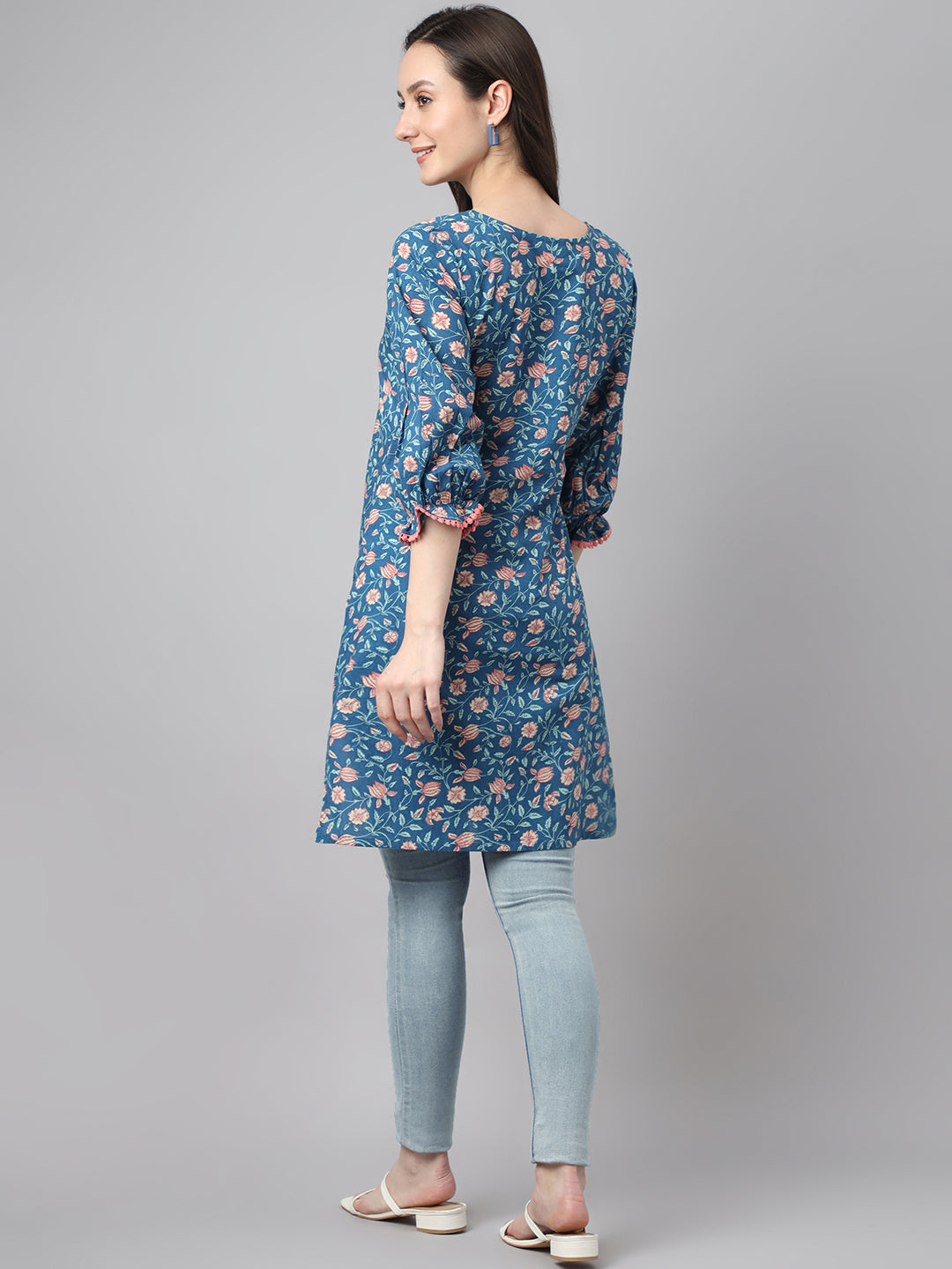 Janasya Women's Blue Cotton Floral Print Casual Regular Tunic