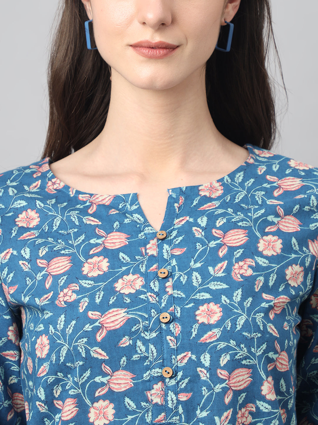 Janasya Women's Blue Cotton Floral Print Casual Regular Tunic
