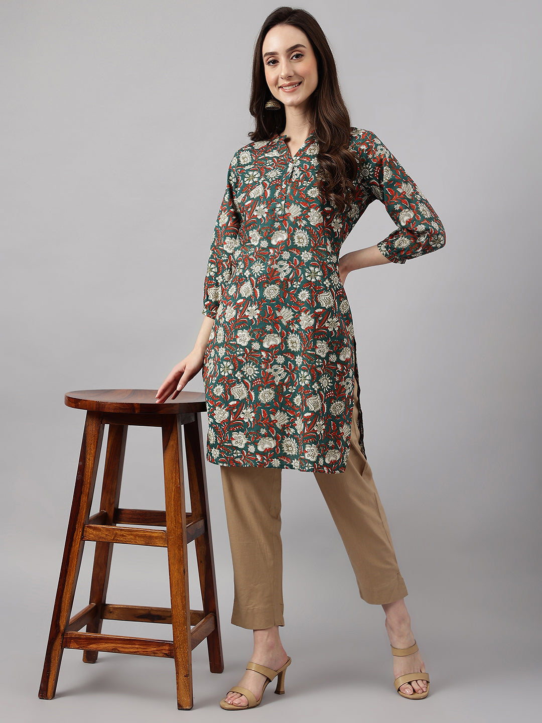 Janasya Women's Dark Green Cotton Floral Print Casual Regular Tunic
