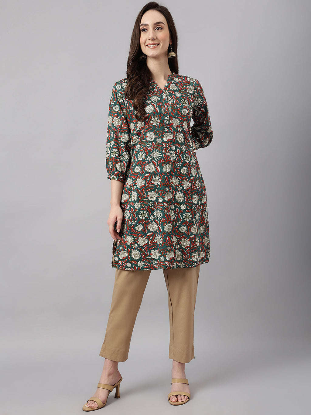 Janasya Women's Dark Green Cotton Floral Print Casual Regular Tunic