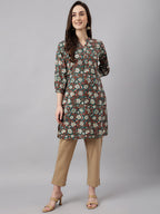 Janasya Women's Dark Green Cotton Floral Print Casual Regular Tunic