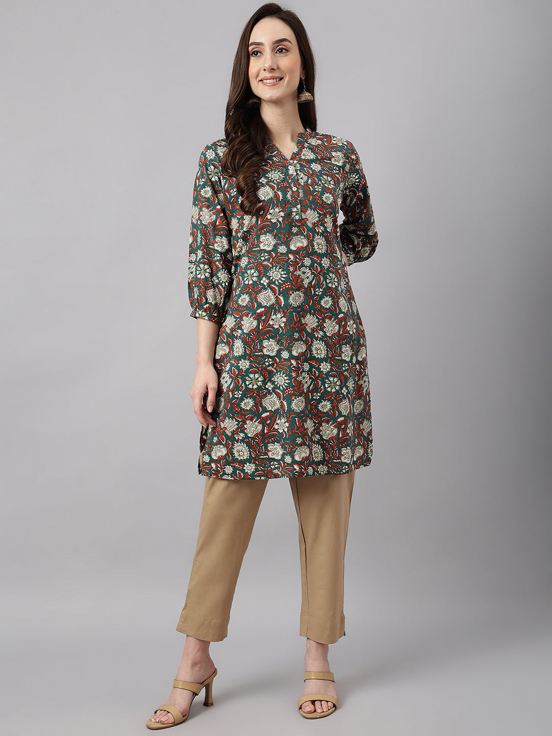 Janasya Women's Dark Green Cotton Floral Print Casual Regular Tunic