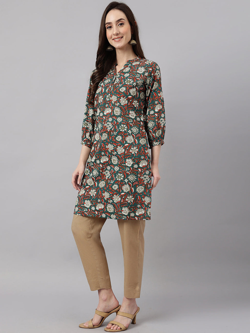 Janasya Women's Dark Green Cotton Floral Print Casual Regular Tunic