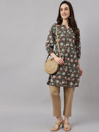 Janasya Women's Dark Green Cotton Floral Print Casual Regular Tunic