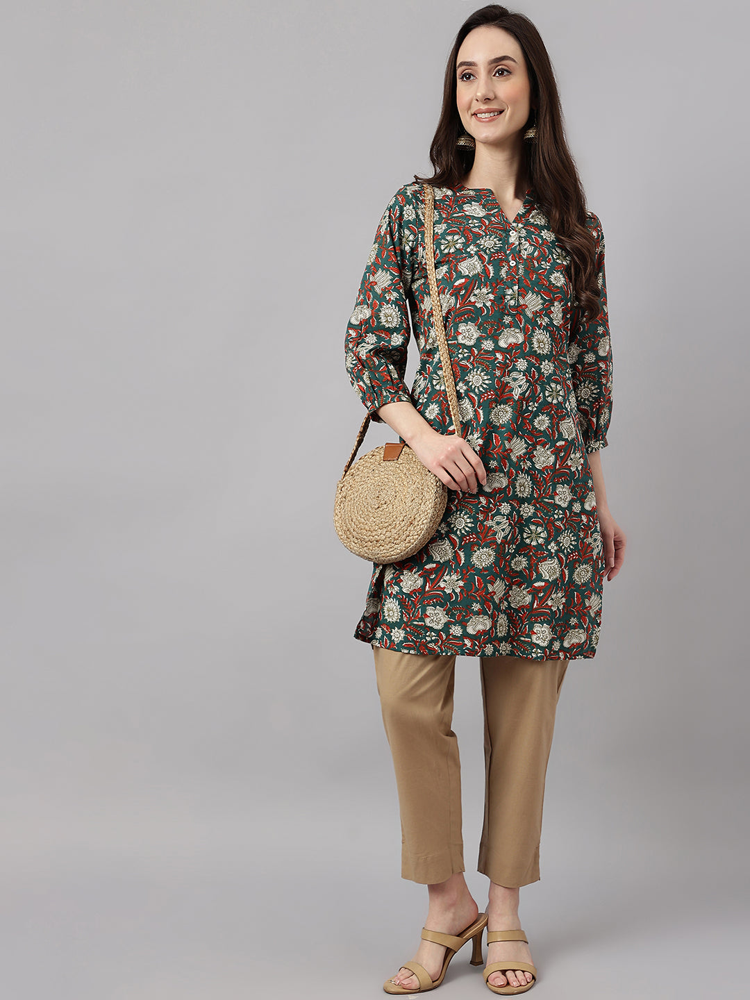Janasya Women's Dark Green Cotton Floral Print Casual Regular Tunic
