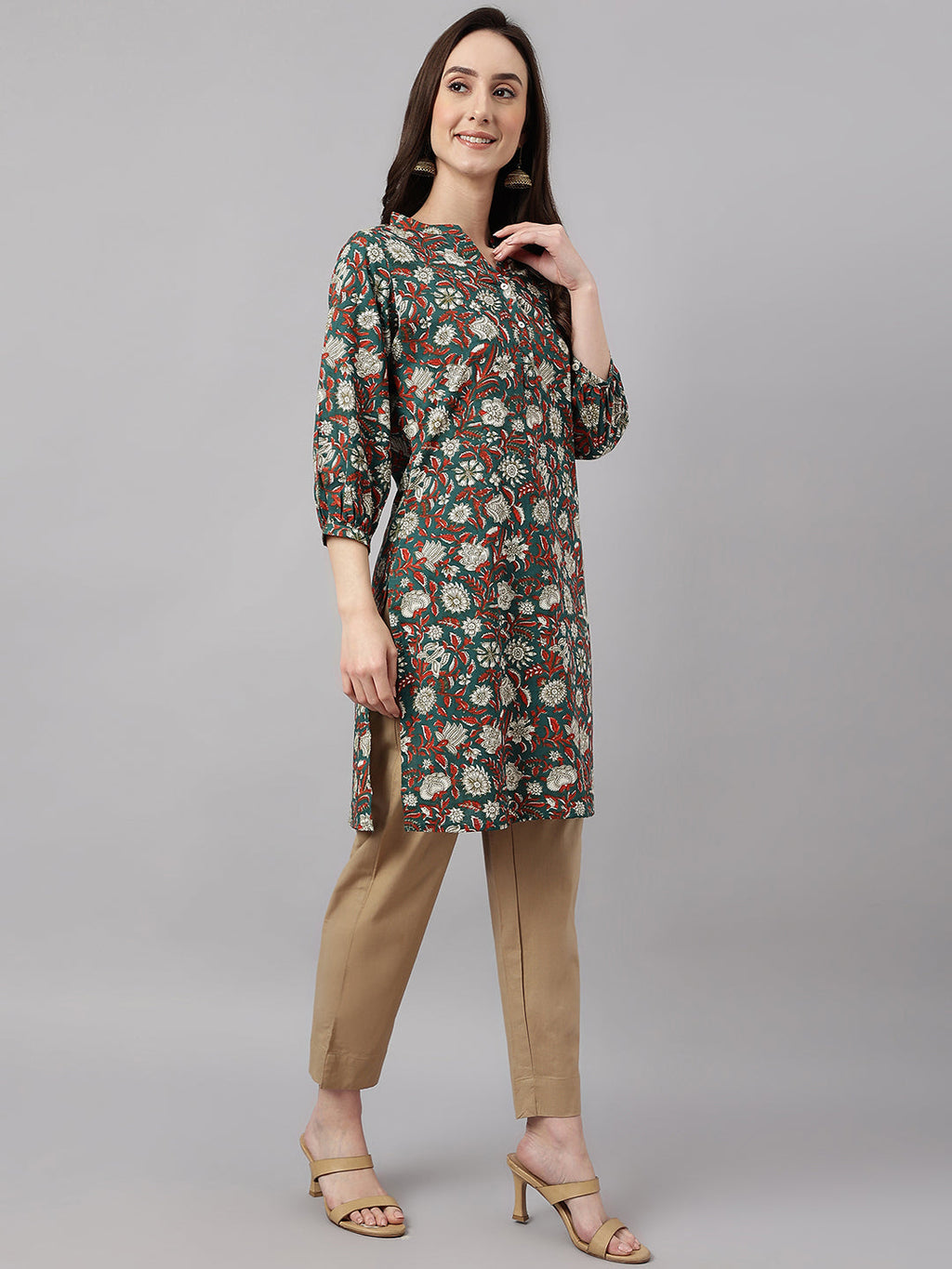 Janasya Women's Dark Green Cotton Floral Print Casual Regular Tunic