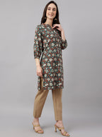 Janasya Women's Dark Green Cotton Floral Print Casual Regular Tunic