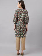 Janasya Women's Dark Green Cotton Floral Print Casual Regular Tunic