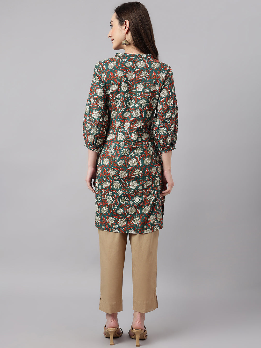 Janasya Women's Dark Green Cotton Floral Print Casual Regular Tunic
