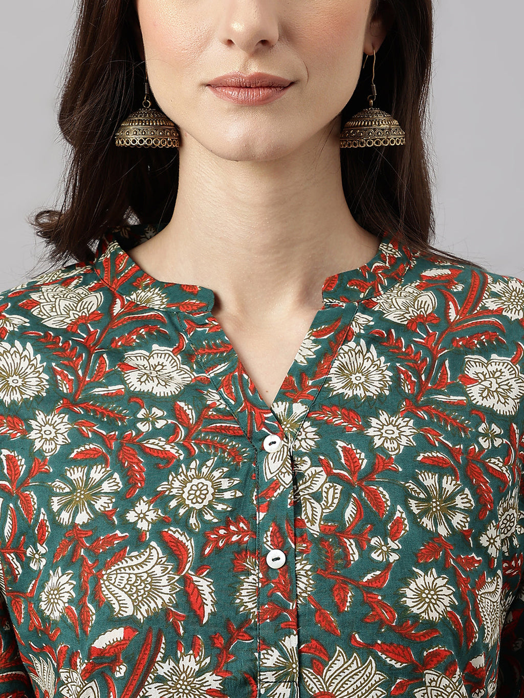 Janasya Women's Dark Green Cotton Floral Print Casual Regular Tunic