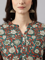 Janasya Women's Dark Green Cotton Floral Print Casual Regular Tunic
