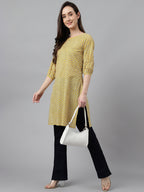 Janasya Women's Yellow Cotton Ethnic Motifs Casual Regular Tunic
