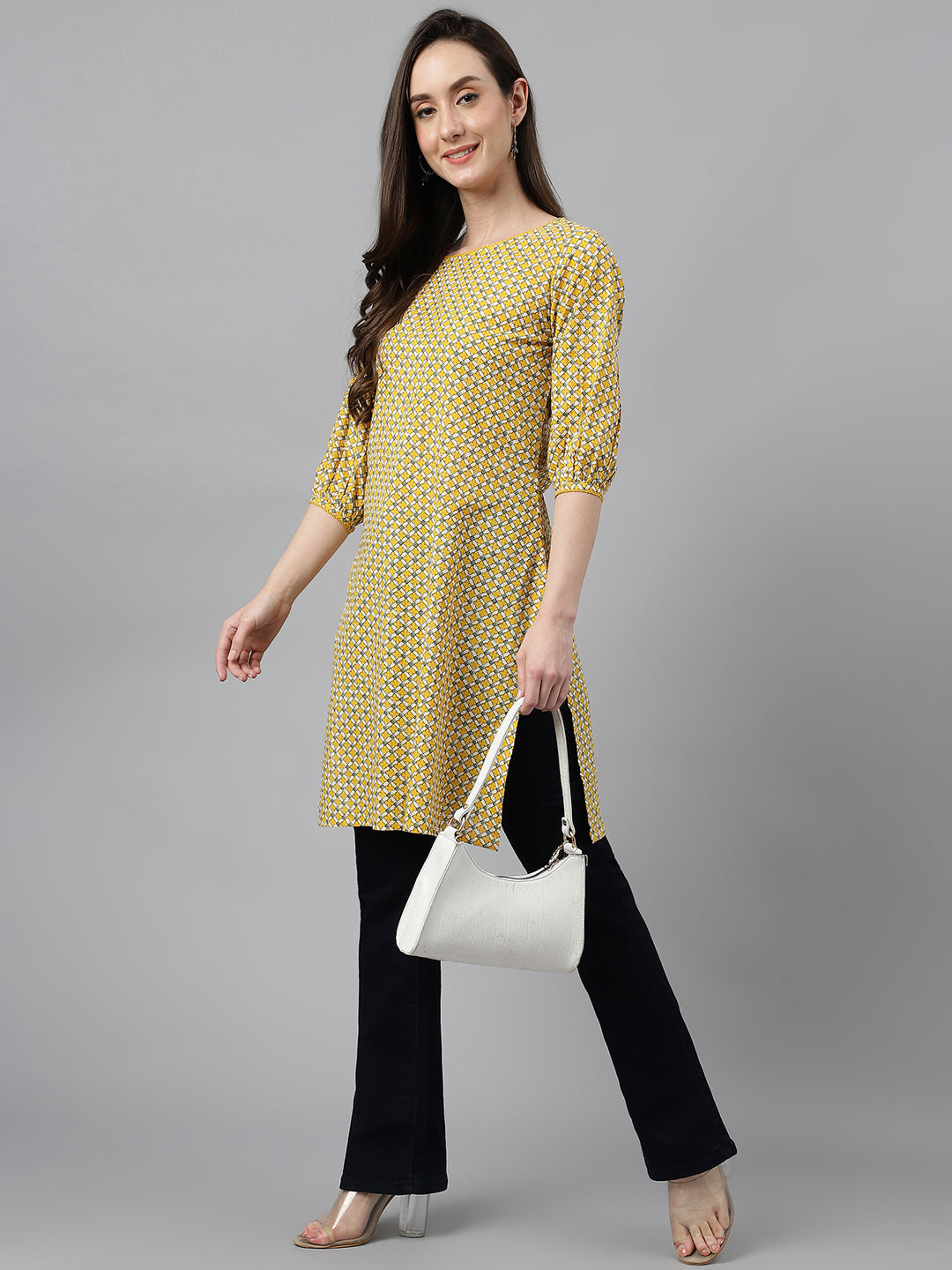 Janasya Women's Yellow Cotton Ethnic Motifs Casual Regular Tunic