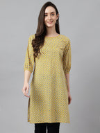 Janasya Women's Yellow Cotton Ethnic Motifs Casual Regular Tunic