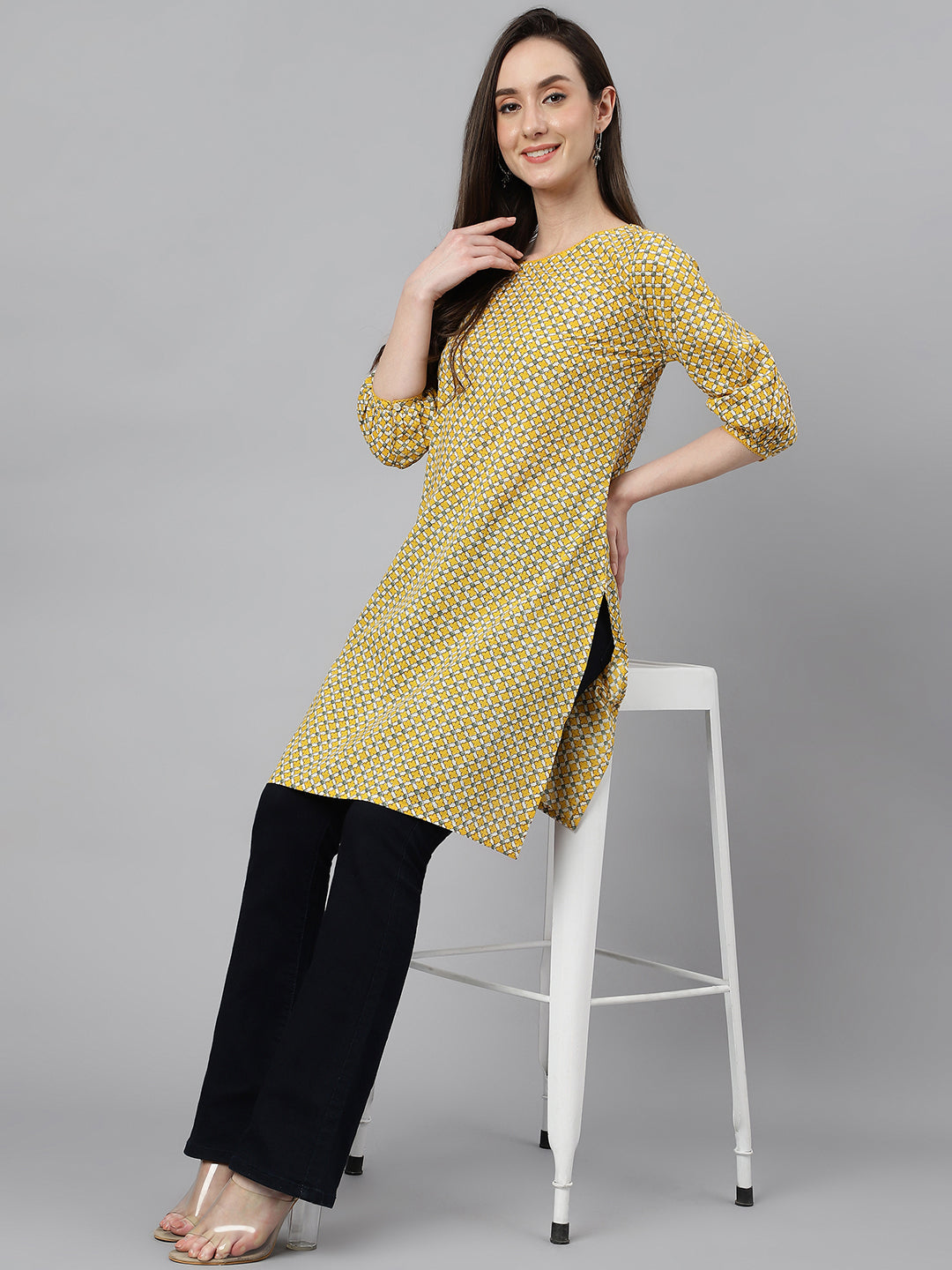 Janasya Women's Yellow Cotton Ethnic Motifs Casual Regular Tunic