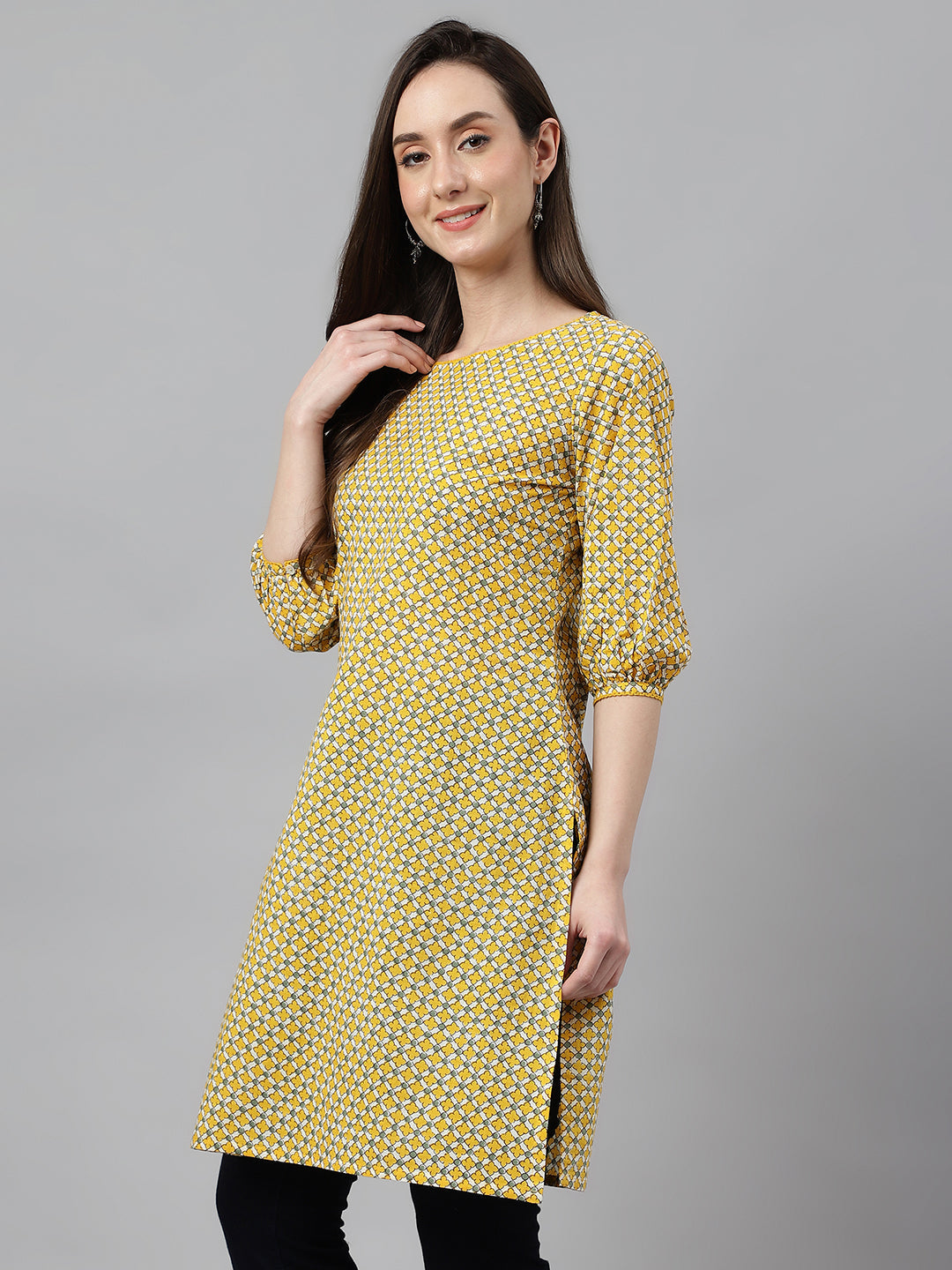 Janasya Women's Yellow Cotton Ethnic Motifs Casual Regular Tunic