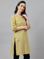 Janasya Women's Yellow Cotton Ethnic Motifs Casual Regular Tunic