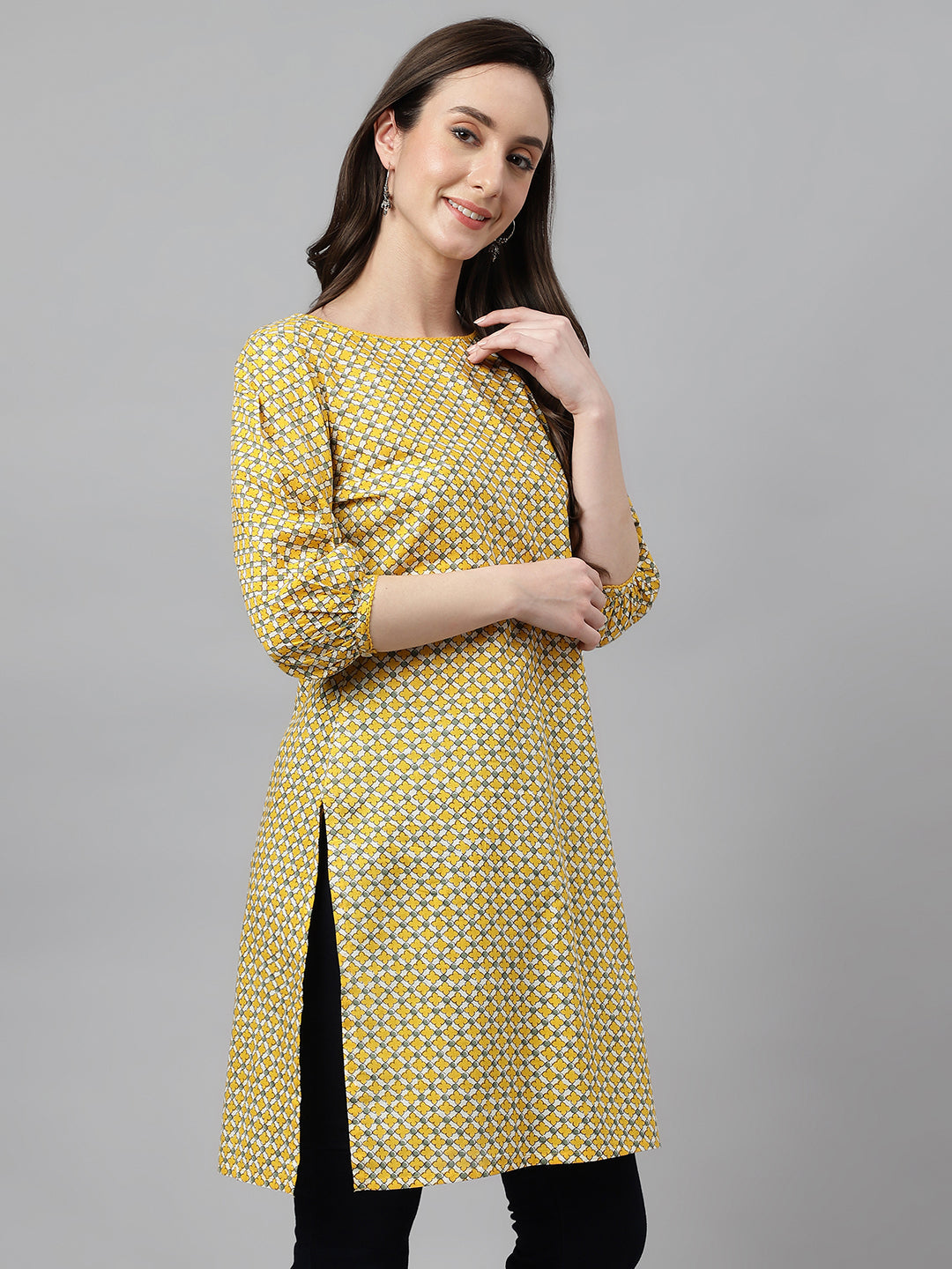 Janasya Women's Yellow Cotton Ethnic Motifs Casual Regular Tunic