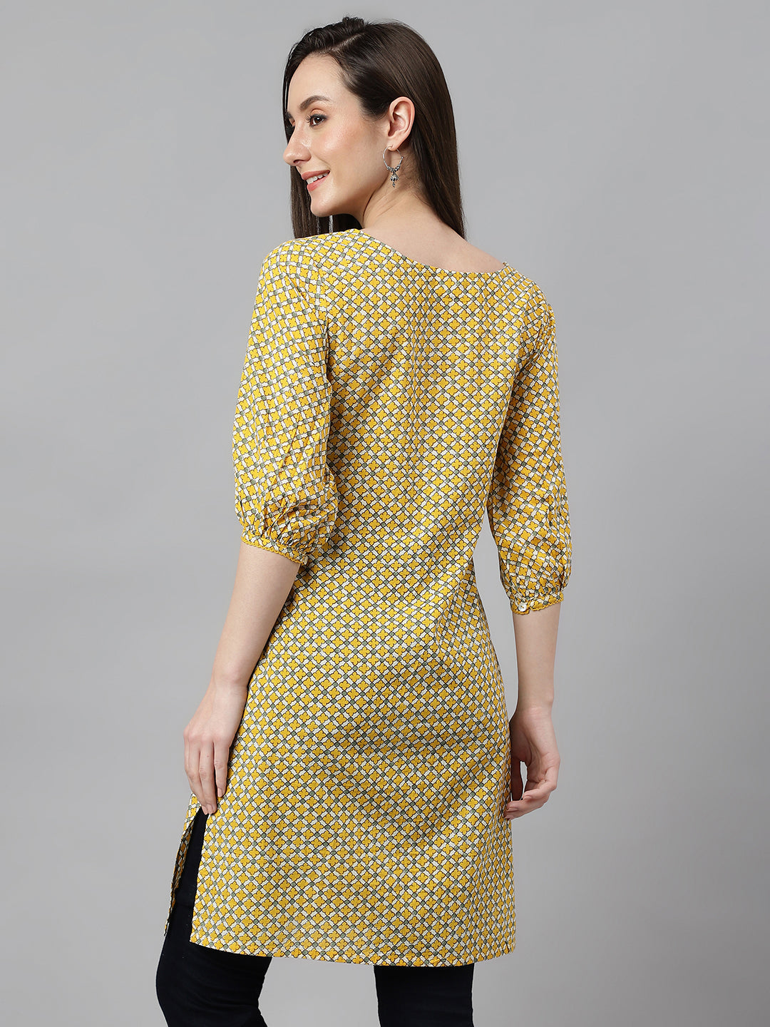 Janasya Women's Yellow Cotton Ethnic Motifs Casual Regular Tunic