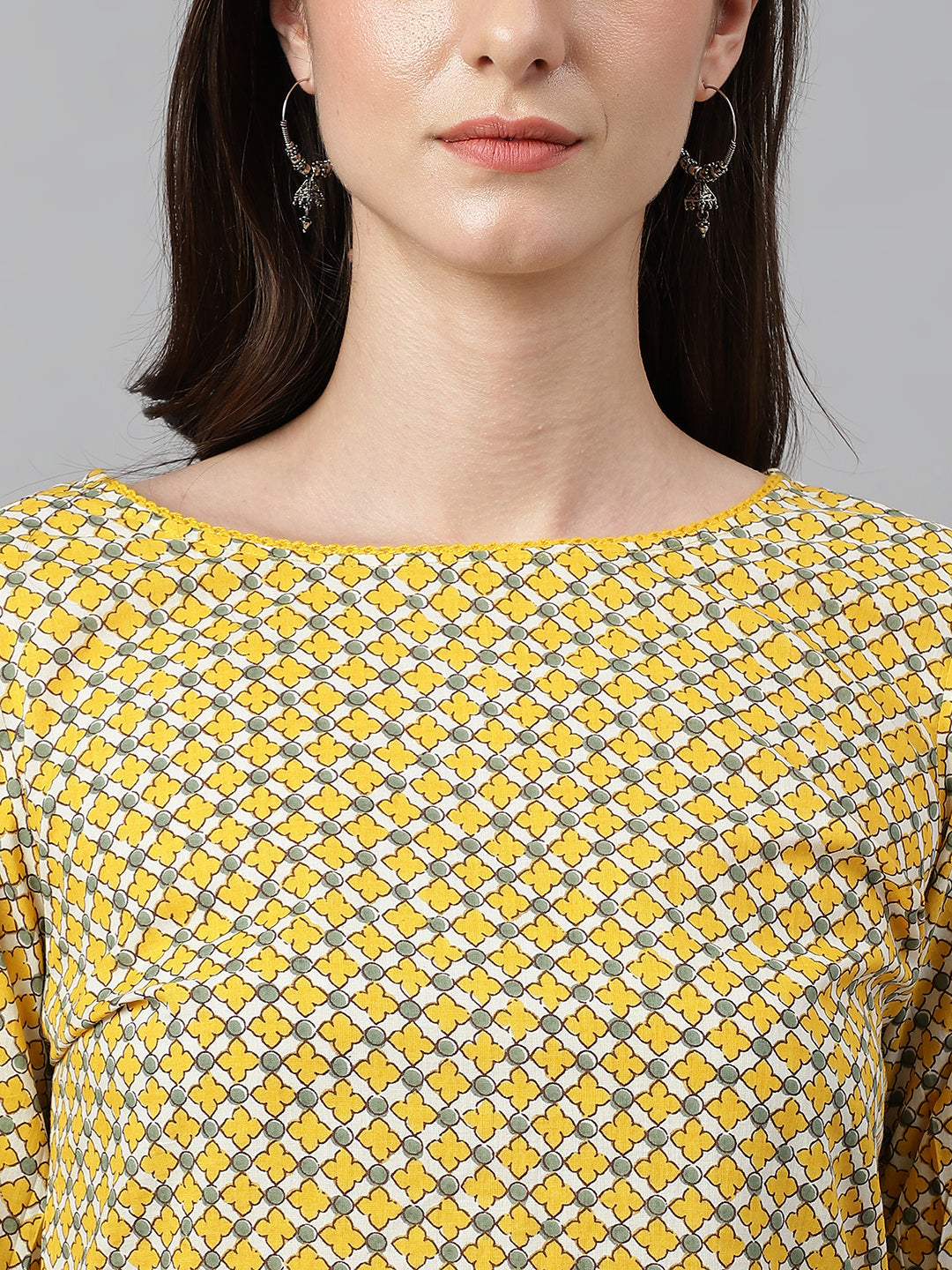 Janasya Women's Yellow Cotton Ethnic Motifs Casual Regular Tunic