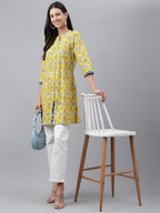 Janasya Women's Yellow Cotton Floral Print Casual Empire Tunic - Distacart