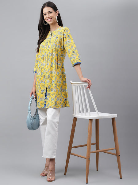 Janasya Women's Yellow Cotton Floral Print Casual Empire Tunic