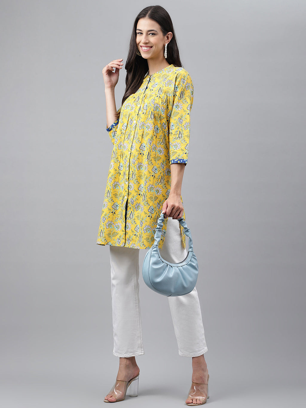 Janasya Women's Yellow Cotton Floral Print Casual Empire Tunic - Distacart