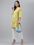Janasya Women's Yellow Cotton Floral Print Casual Empire Tunic - Distacart