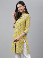 Janasya Women's Yellow Cotton Floral Print Casual Empire Tunic - Distacart