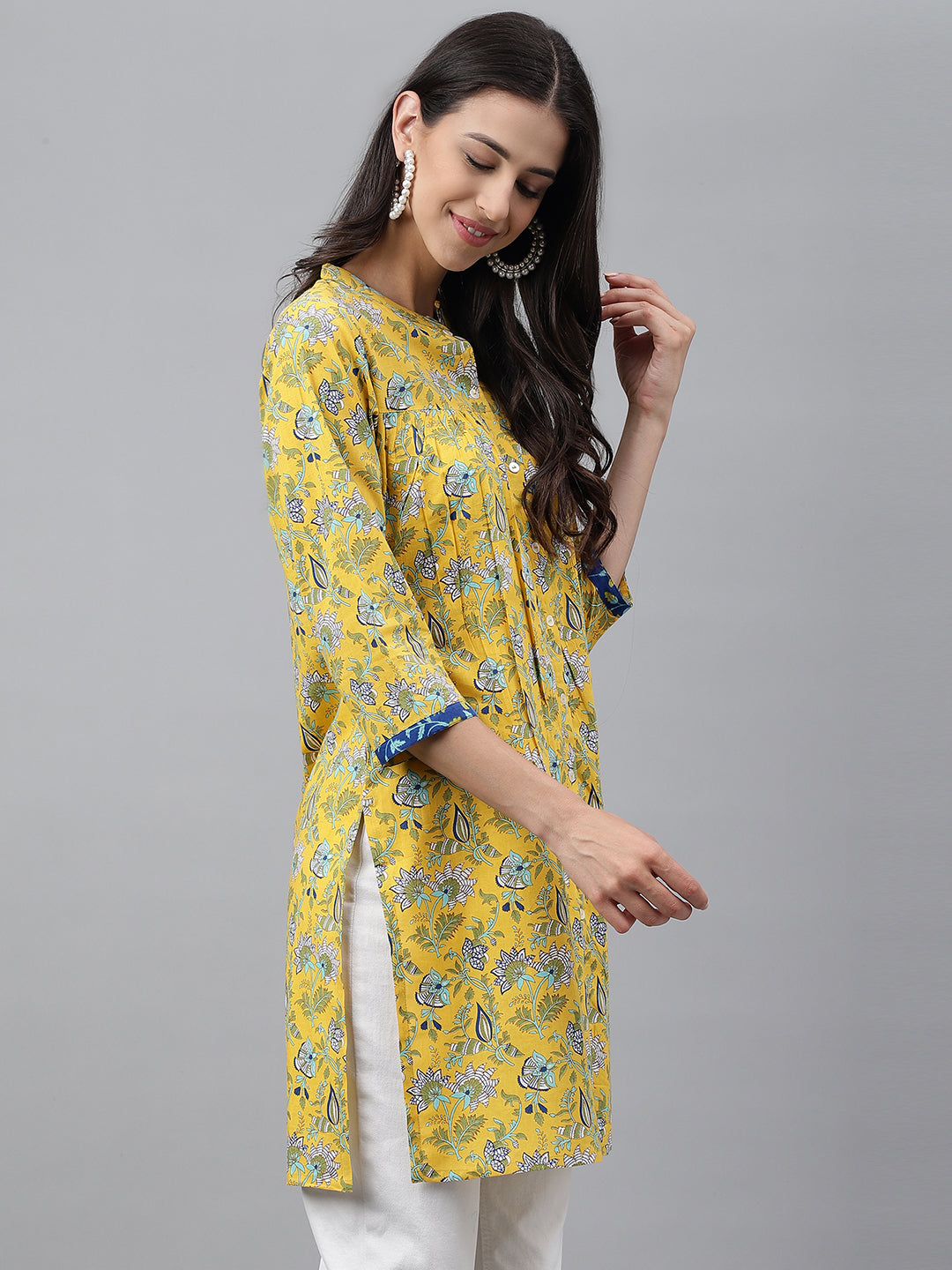 Janasya Women's Yellow Cotton Floral Print Casual Empire Tunic - Distacart