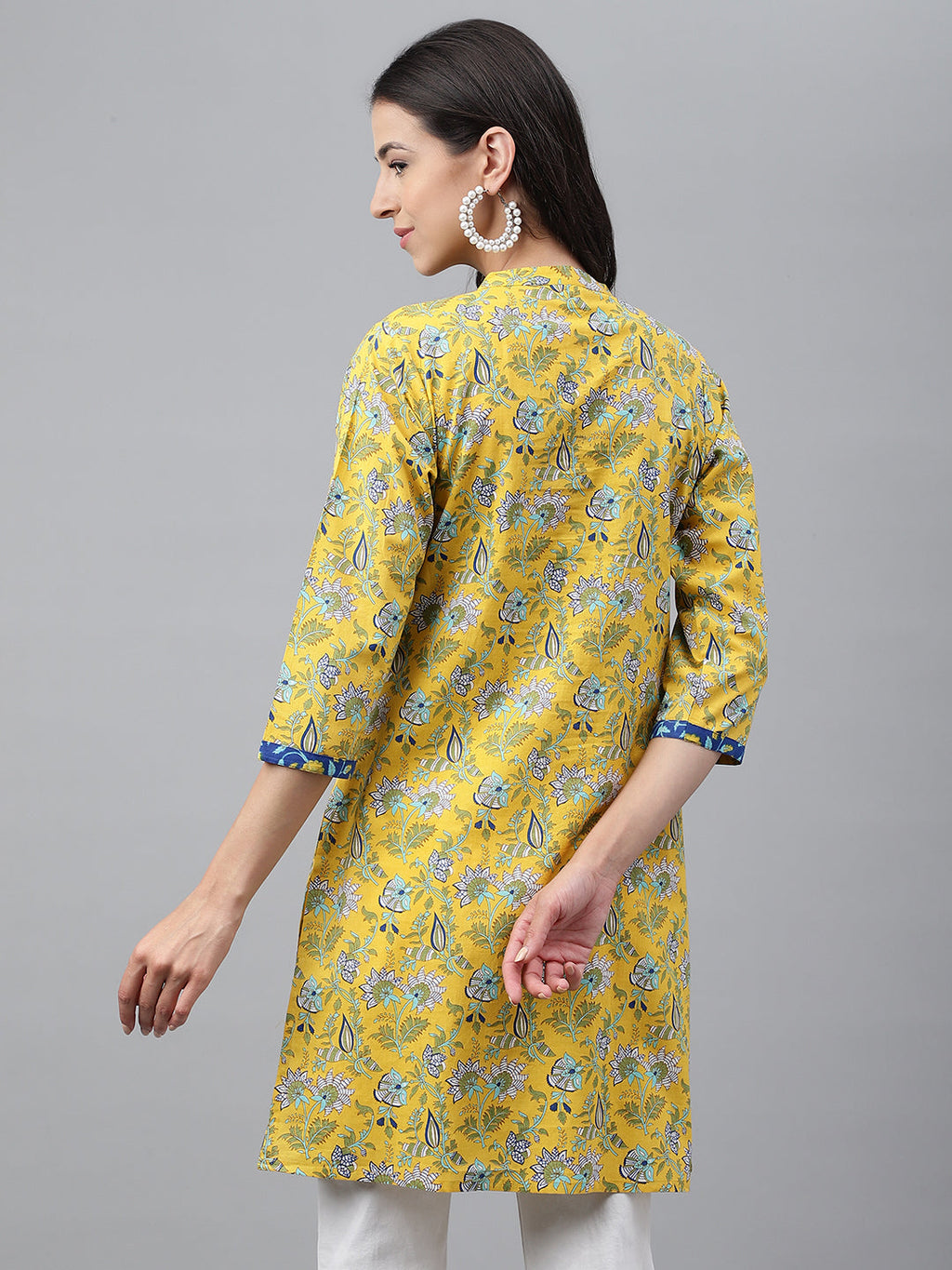 Janasya Women's Yellow Cotton Floral Print Casual Empire Tunic - Distacart