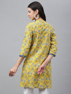 Janasya Women's Yellow Cotton Floral Print Casual Empire Tunic - Distacart