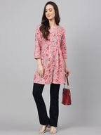 Janasya Women's Pink Cotton Floral Print Casual Regular Tunic