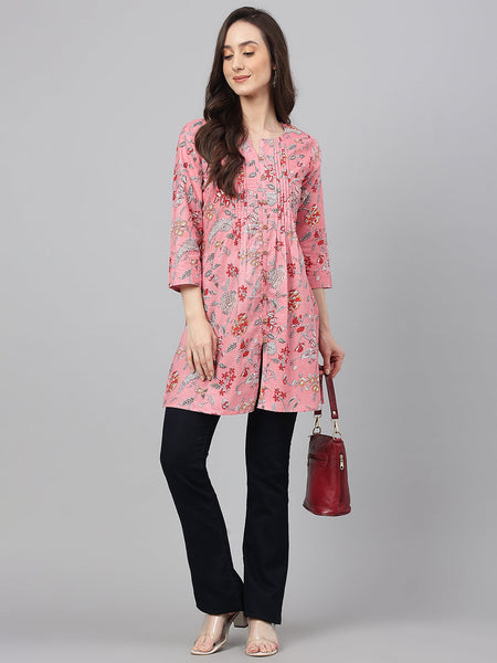 Janasya Women's Pink Cotton Floral Print Casual Regular Tunic