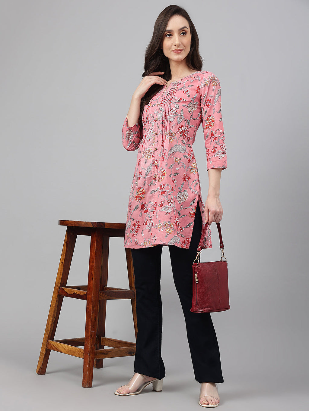 Janasya Women's Pink Cotton Floral Print Casual Regular Tunic