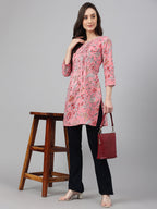 Janasya Women's Pink Cotton Floral Print Casual Regular Tunic