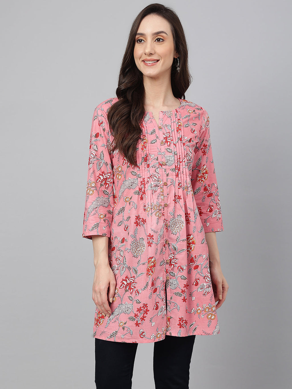 Janasya Women's Pink Cotton Floral Print Casual Regular Tunic