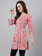 Janasya Women's Pink Cotton Floral Print Casual Regular Tunic