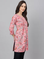Janasya Women's Pink Cotton Floral Print Casual Regular Tunic