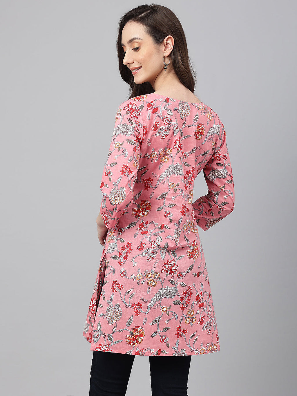 Janasya Women's Pink Cotton Floral Print Casual Regular Tunic