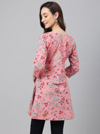 Janasya Women's Pink Cotton Floral Print Casual Regular Tunic