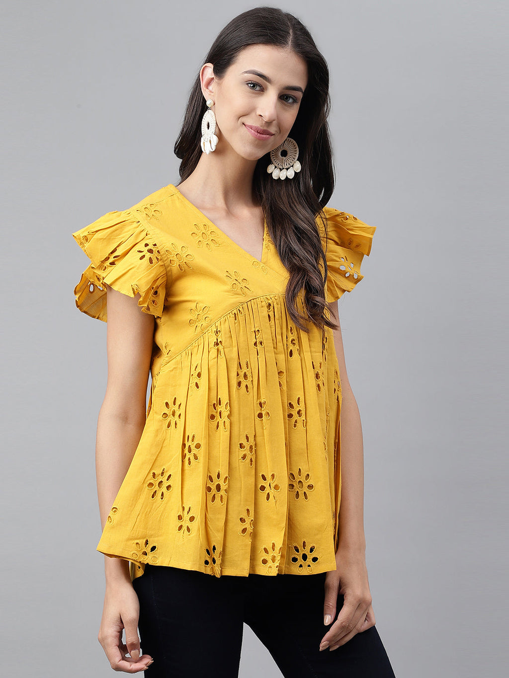 Janasya Women's Mustard Cotton Schiffli Casual Gathered Top