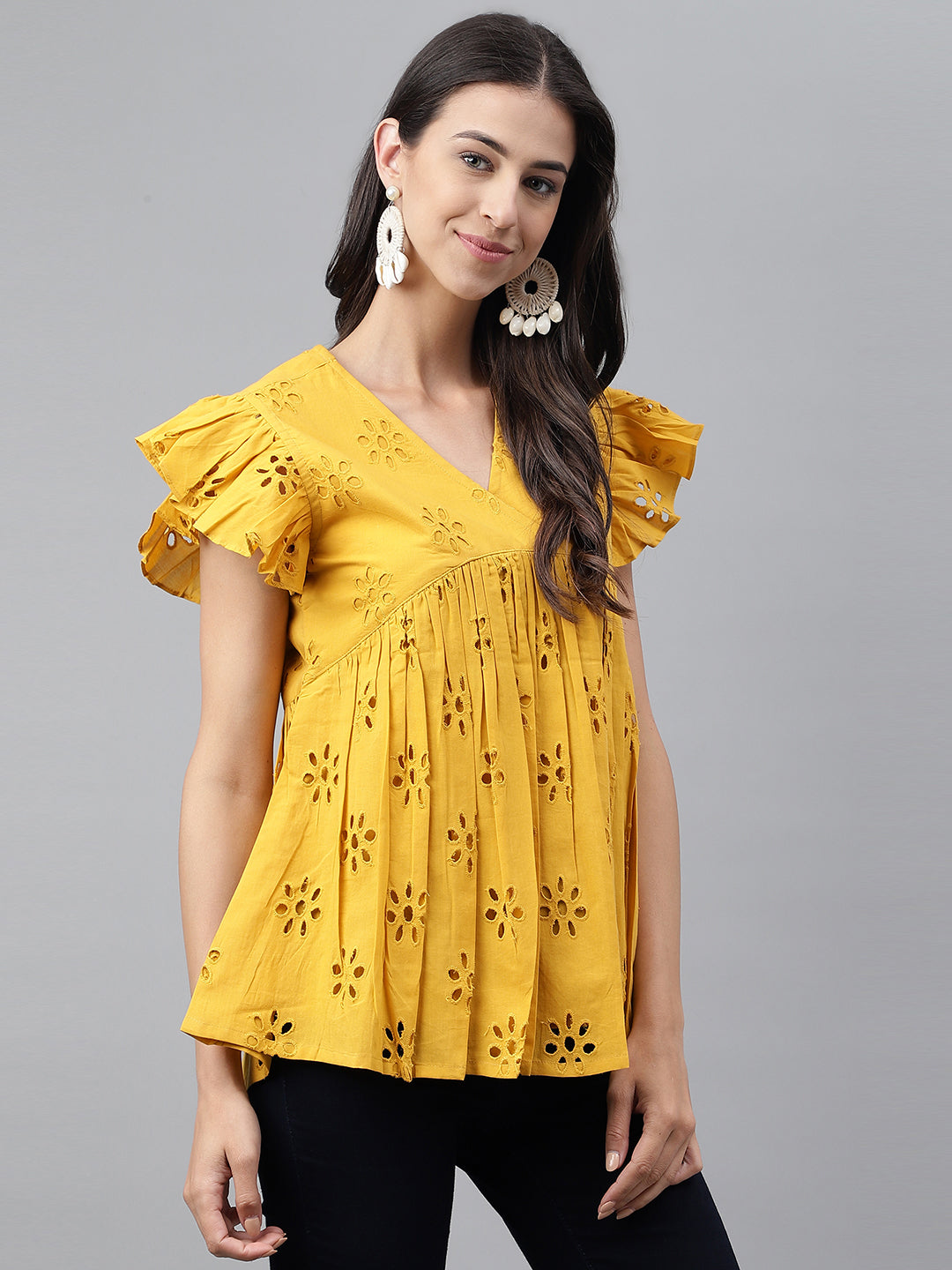 Janasya Women's Mustard Cotton Schiffli Casual Gathered Top