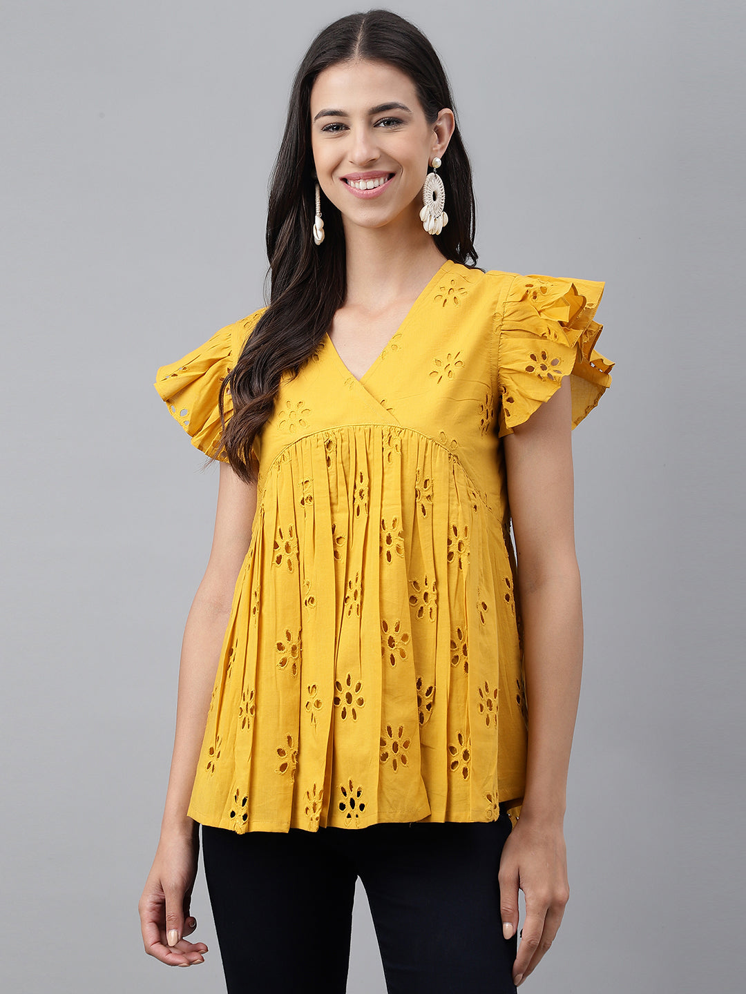 Janasya Women's Mustard Cotton Schiffli Casual Gathered Top